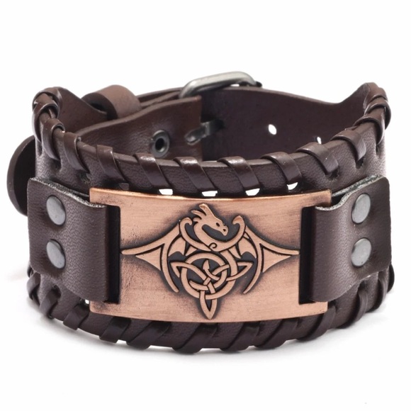 Men's Style Alloy Totem Charm Braided Leather Bracelet Wide Wristband - Picture 5 of 7